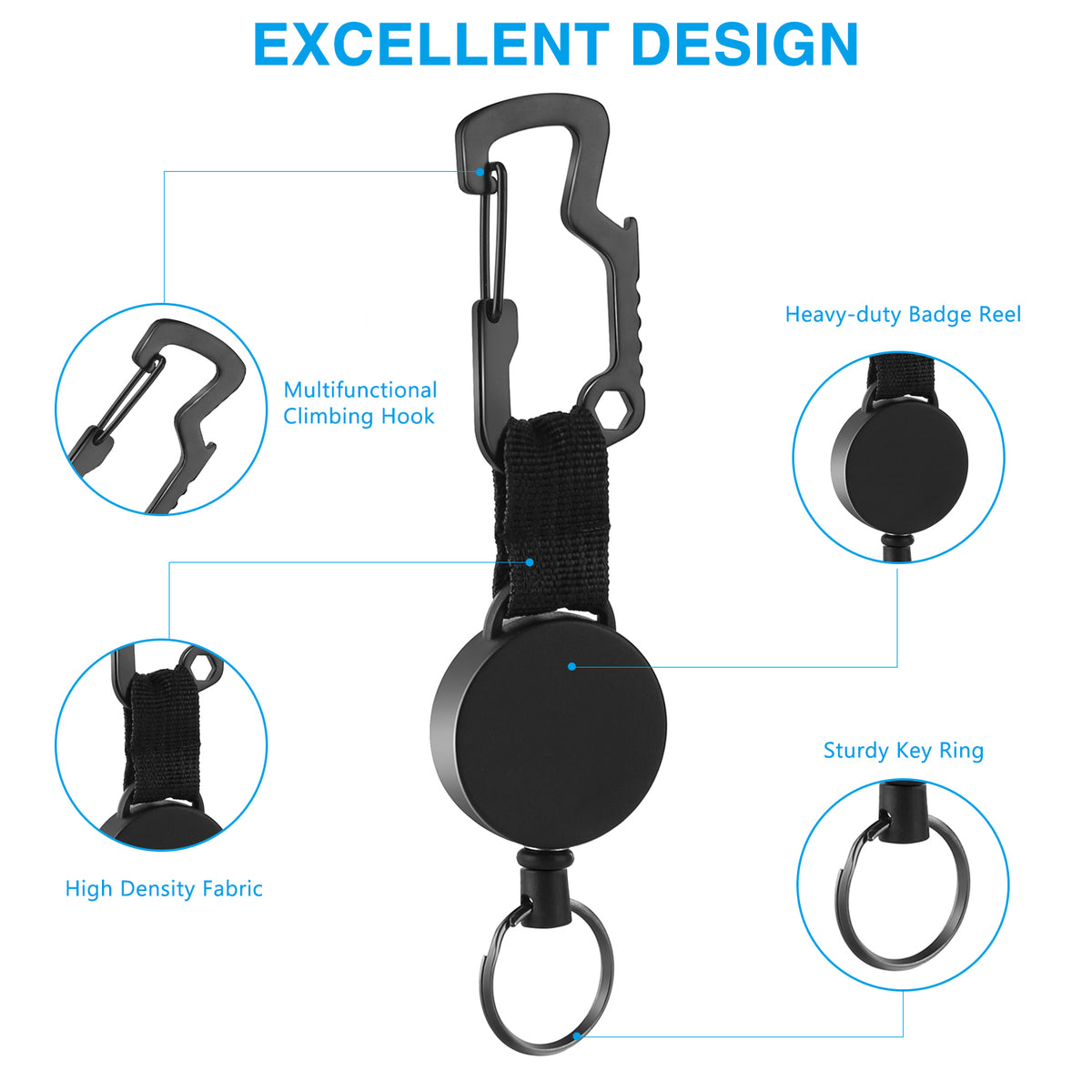 3 pcs/lot Retractable Keychain Heavy Duty Badge Holder Reel with Multitool  Carabiner Clip Key Ring with Steel Wire Supplies
