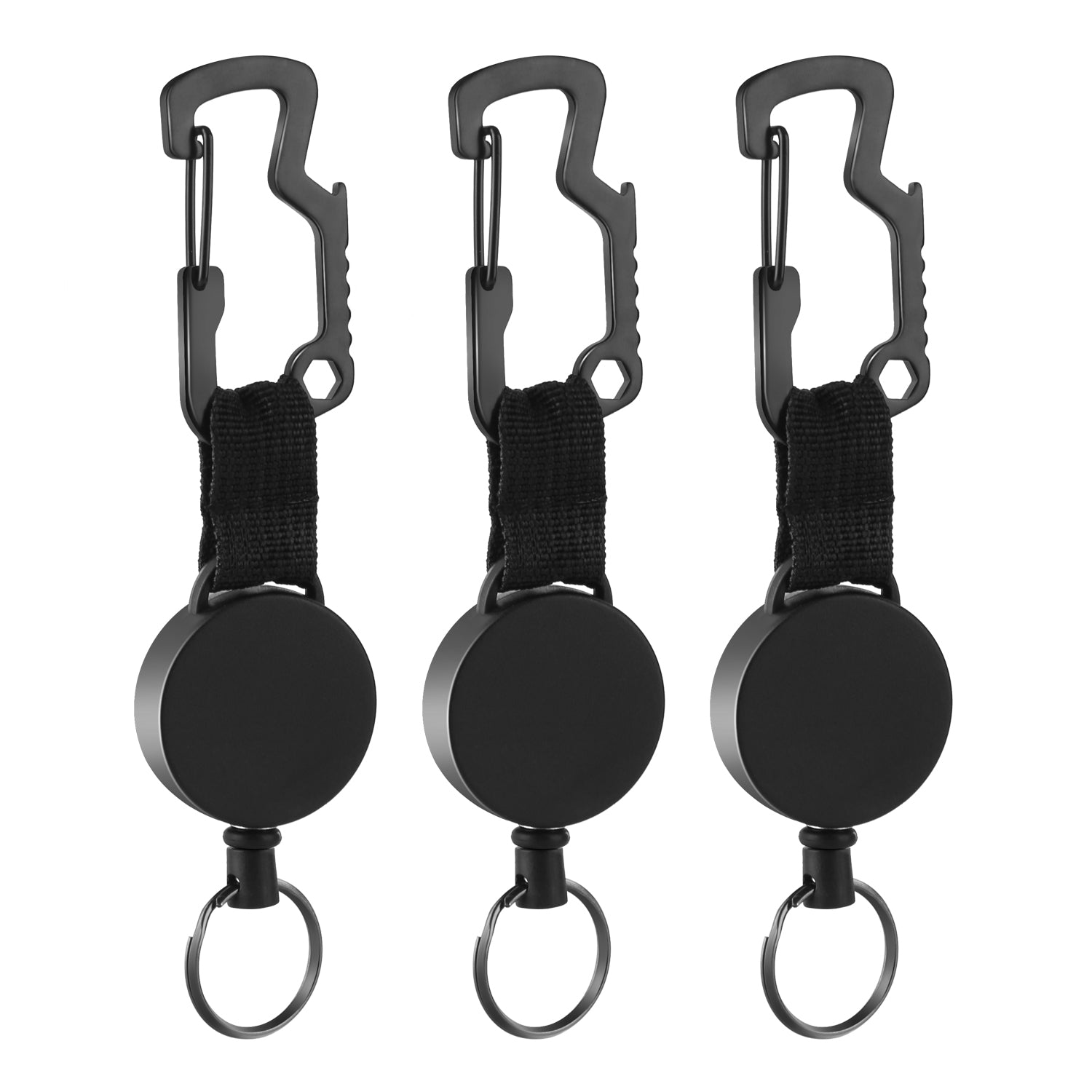 3 Pack Retractable Keychain - Heavy Duty Badge Holder Reel with Multitool  Carabiner Clip,Key Ring with Steel Wire Cord Up to 25 Inches,Black