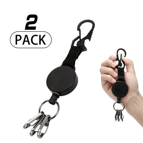 Retractable Key-Chain Badge Reel - Heavy Duty Key Holder Ring with Carabiner,Steel Cable,3 Quick Release Clips,Keychain for Work,Janitor,Black,2PCS
