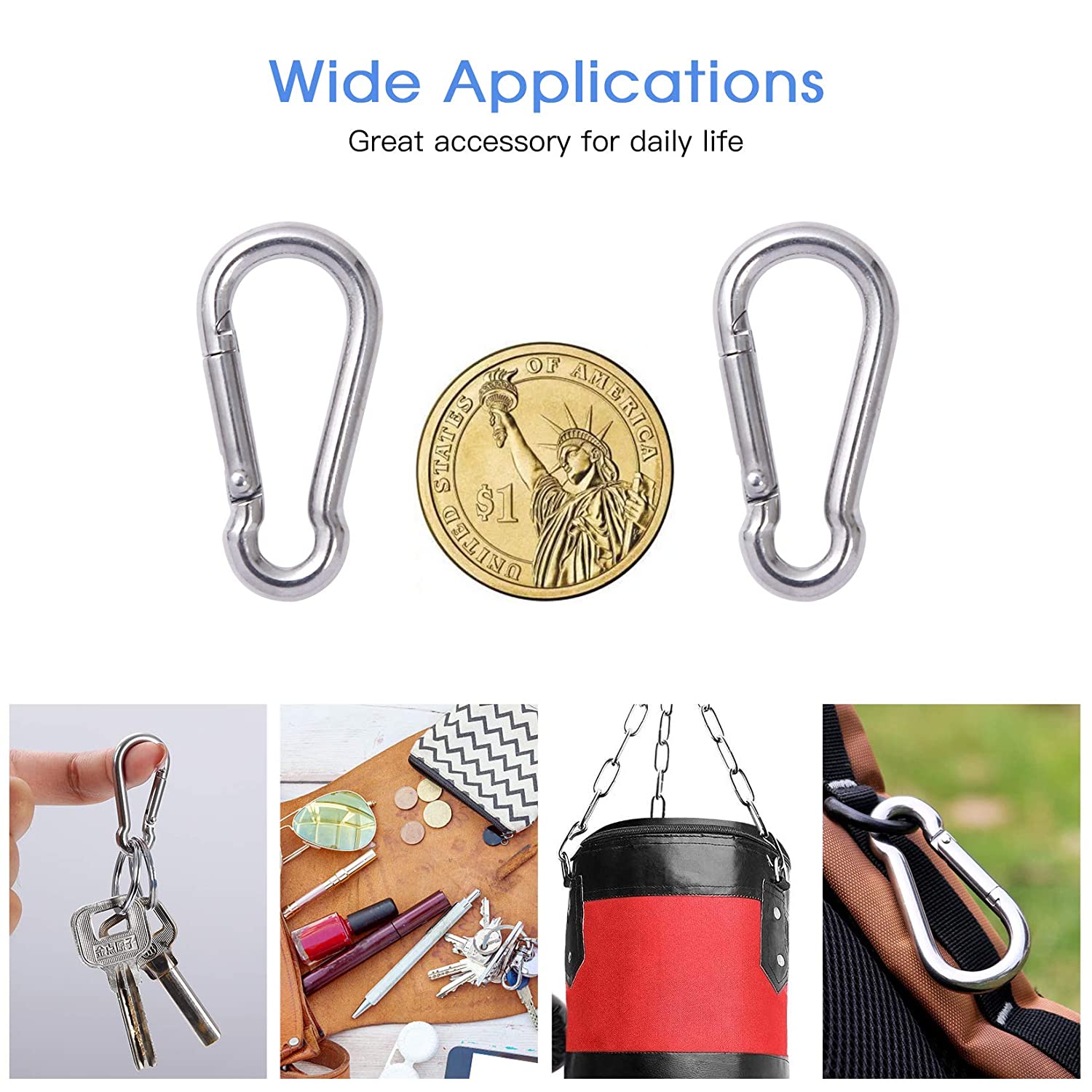 100Pack Spring Snap Hooks Carabiner, M5 3/16 Carabiner Clips Keychain  Small 2 Chain Quick Links Spring Safety Hook Connector for Dog Leash  Backpack